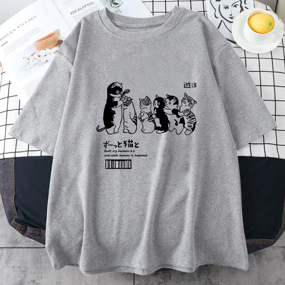 Japanese Kanji Cat 100% Cotton Oversize T Shirt Short Sleeve Women\'s Tops 2023 Summer Couples Loose Fashion Tees Korean Style