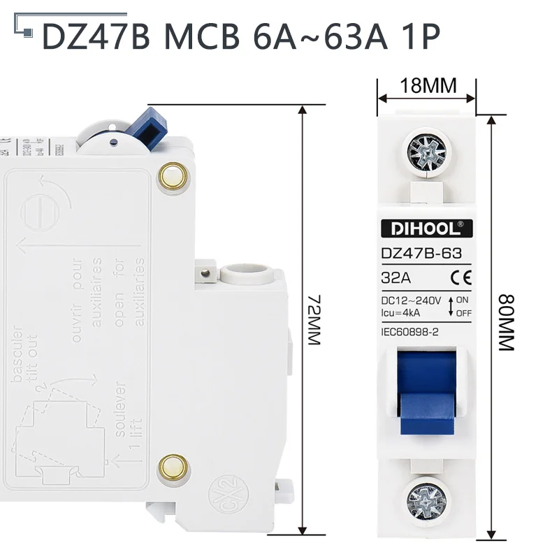 DC 12V 24V 48V 72V MCB Battery Mini Circuit Breaker 16A 25A 32A 63A 100A 125A PV DC Positive And Negative Protection Air Switch