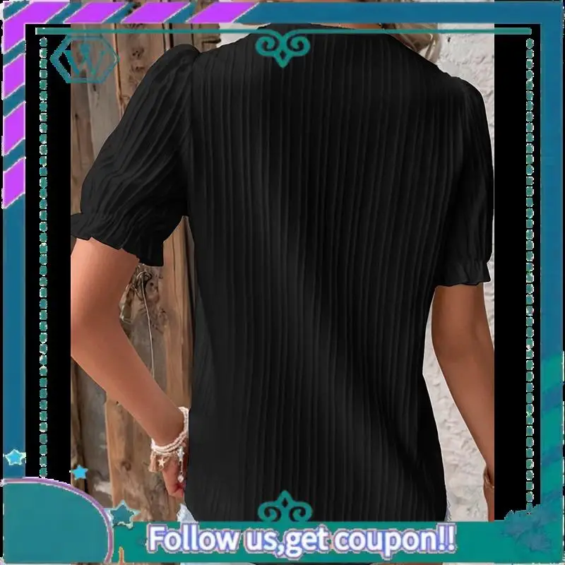 

A09P Women's Elegant Lace V Neck Short Sleeve Solid Tops Shirt Blouse