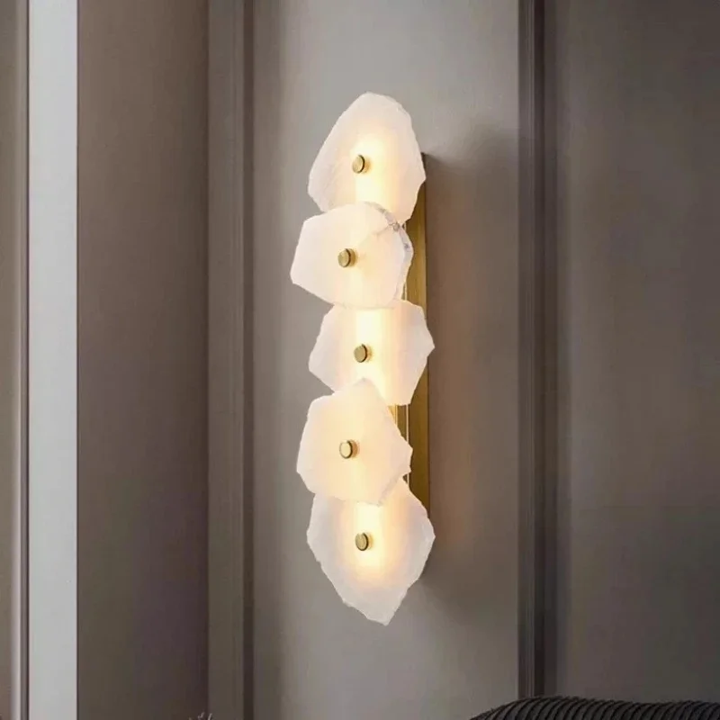 Modern Natural Wall Sconce Petal Stone Brass Wall Lamp For Bedroom Bedside Corridor Villa Hotel Background Decor Lighting