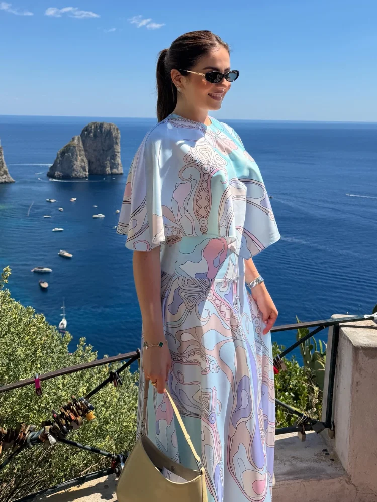 Women's Dress Printed Cape Sleeve Round Neck Top High Waist Flowy Maxi Skirt Elegant Beach Vacation Party Summer Women's Suits