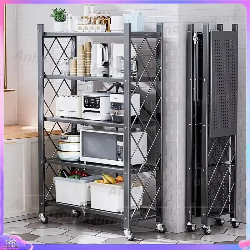 Folding Storage Rack Kitchen Organizer Vertical Multi Layer Shelf Mobile Rolling Cart Home Bathroom Laundry Room Space Saving