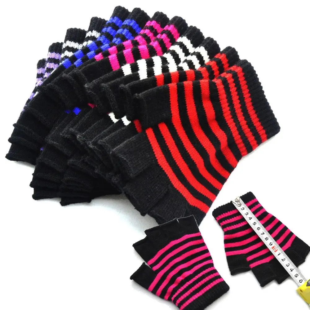 Student Comfortable Elastic Warm Winter Knit Mittens Knitted Gloves Striped Thicken