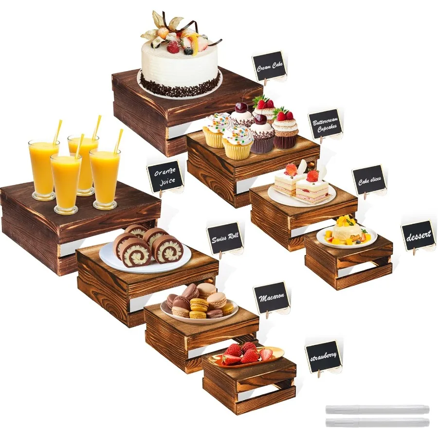 

8 Pcs Buffet Risers with Mini Signs Rustic Wood Cake Stands Food Risers for Buffet Table Dessert Display Stand Wood Crates Rust