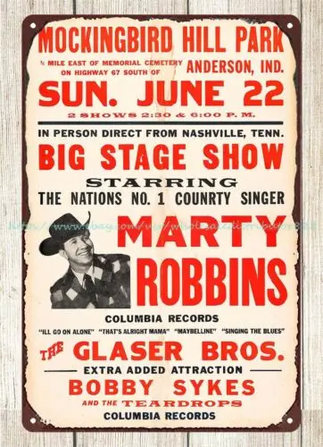 1958 Marty Robbins Mockingbird Hill Park Concert Poster metal tin sign