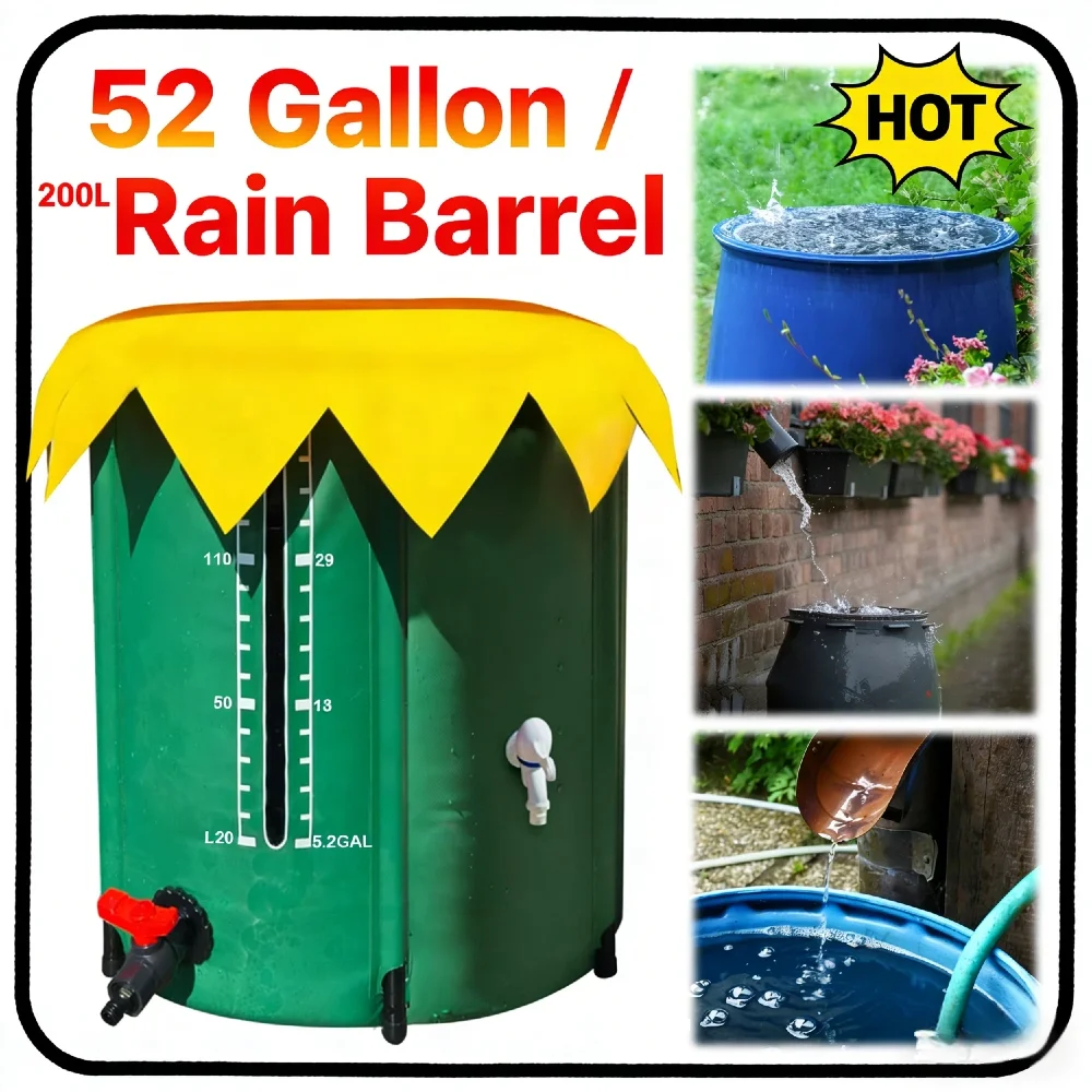 

Collapsible 52 Gallon Rain Barrel Three Spigots PVC Rain Collection System Mesh Lid Water Storage Tank for Garden Water Saving