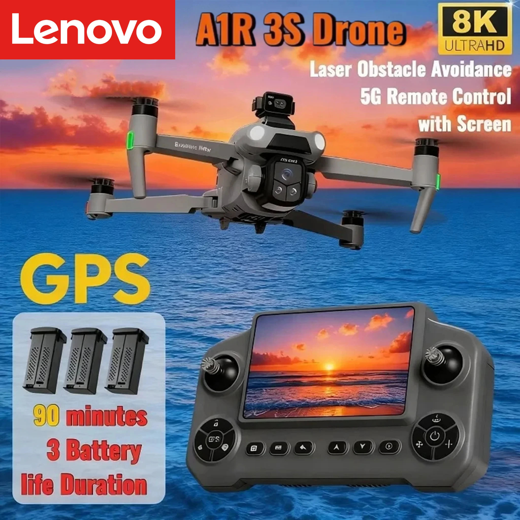 Drone GPS Lenovo A1R 3S avec caméra HD professionnelle 8K 360° °   Jouets quadricoptères FPV 5G WIFI avec moteur sans balais et évitement d'obstacles par laser