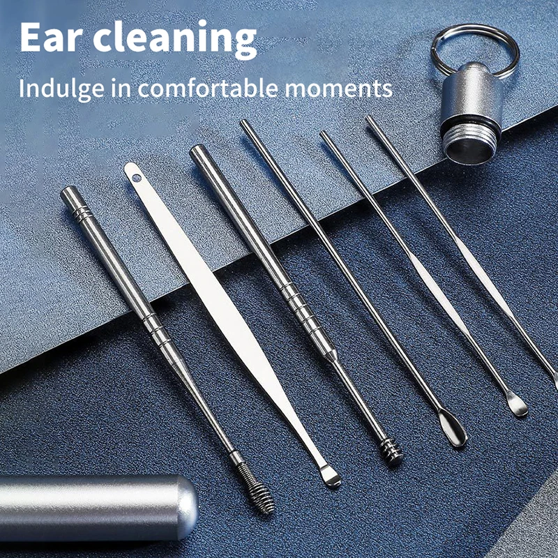 1Set Portable Home Travel Children And Adults Stainless Steel Ear Scoop Set Of 6 Pieces+Alloy Bottle