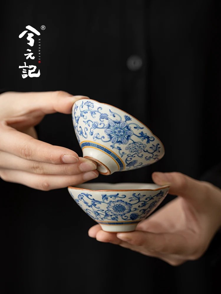 Blue and White Ru Ware Cup Bamboo-Hat Type Ceramic High-End Tea Couple Cups Gift Box Chinese New Year