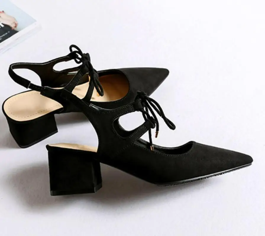Black Suede Cross Strap Lace- Up Middle Chunky Heels Sandals Back Strap Pointed Toe Banquet Dress Outfit Woman Shoes