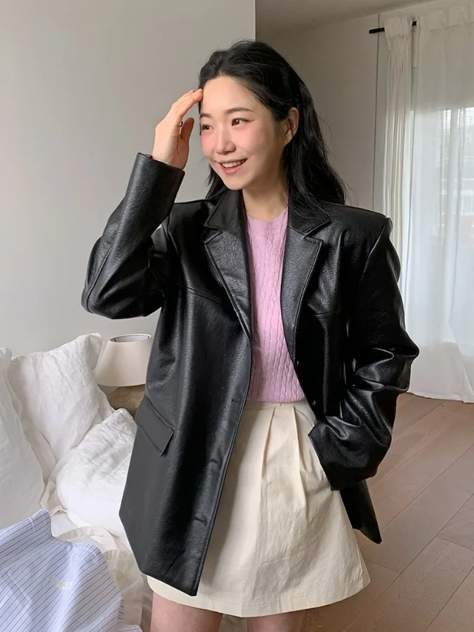 Chic Suit Style Leather Jacket Women's Loose Luxury Black Top Long Sleeve Mid-Length Polyester Fiber Fashionable Autumn New