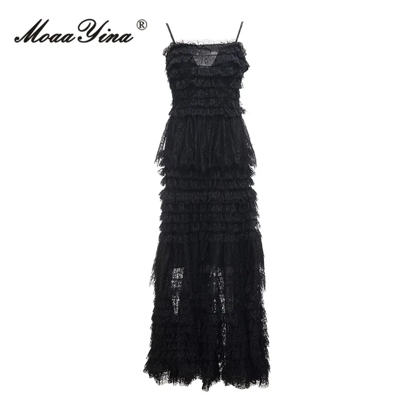 

MoaaYina Summer Fashion Designer Black Elegant Party Dress Women's Slash Neck Backless High Waist Lace Ruffles Sling Long Dress