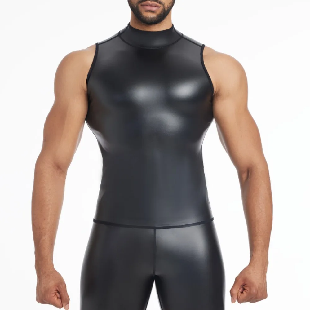 

Men's Slim Fit Stand Collar Leather Vest, Stylish PU Leather Motorcycle Gilet, Tough Guy Biker Outerwear for Men