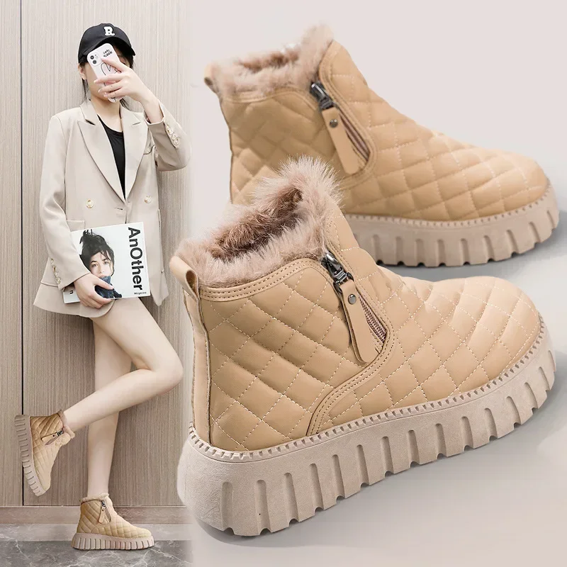 Women's Boots 2024 Winter Plush Cotton Boots Warm Platform Comfort Cold Proof Shoes Zipper Height Increase Anti Slip Snow Boots