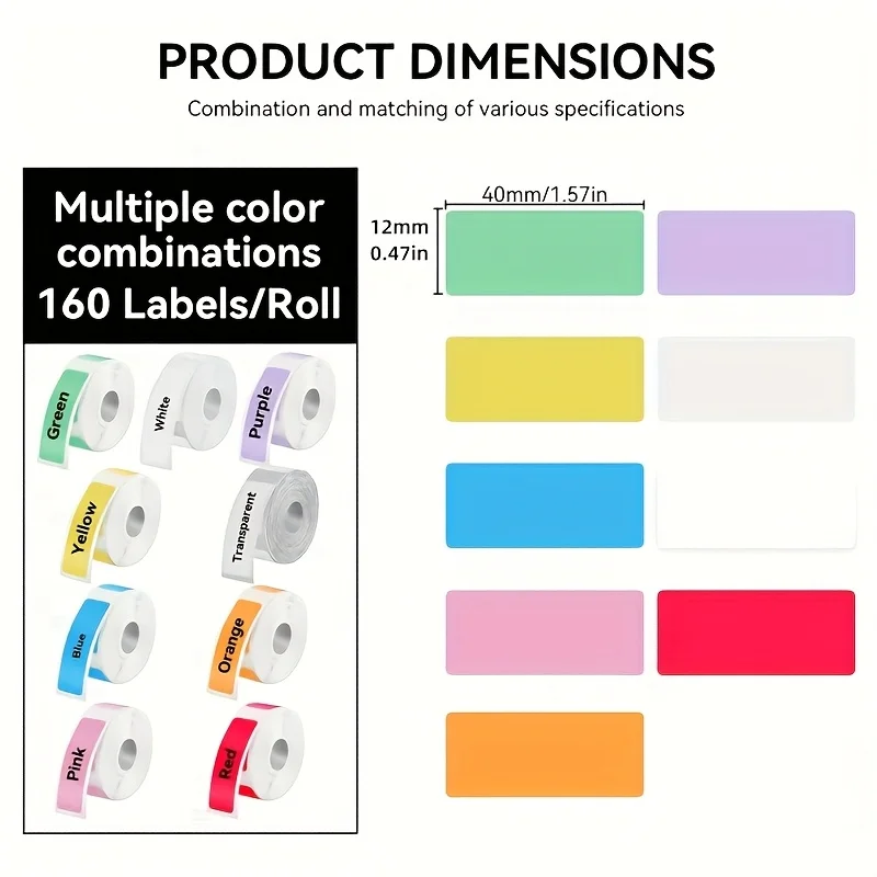 ملصقات حرارية ملونة مقاس 12 مم × 40 مم - مقاومة للماء/مقاومة للزيت/الأوساخ، تناسب D30/D32/D35/P11/P12/P15 والمزيد، للاستخدام المكتبي المتين
