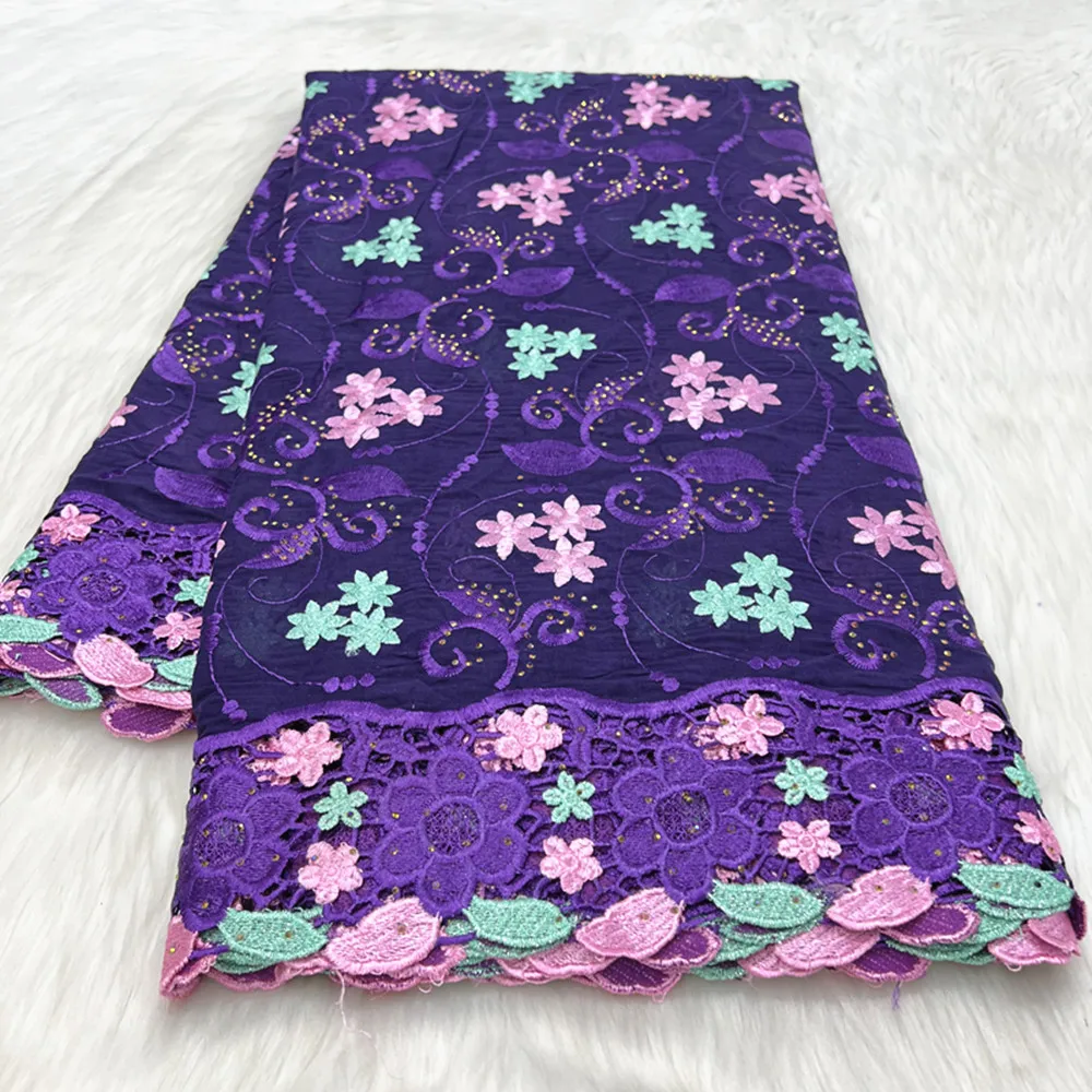 

5Yards/Lot Beuatiful Purple African Cotton Fabric Flower Style Embroidery Swiss Voile Lace Match Rhinestones For Dressing B145