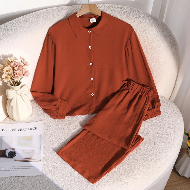 Teen Girls Retro Brown Matching Suit, Collared Cuffed Sleeve Blouse And High Waist Soft Casual Wide Leg Pants