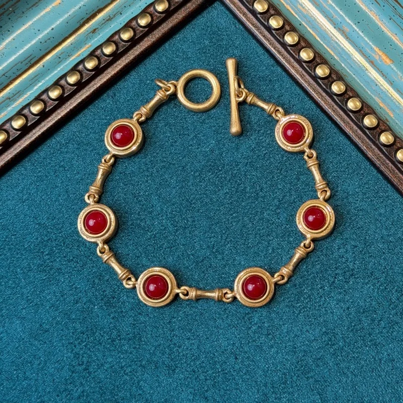 

Vintage Jewelry Red Bracelet High Quality Round Natural Stone For Women Gold Color Bamboo Joint Accessories Gift 2026 New