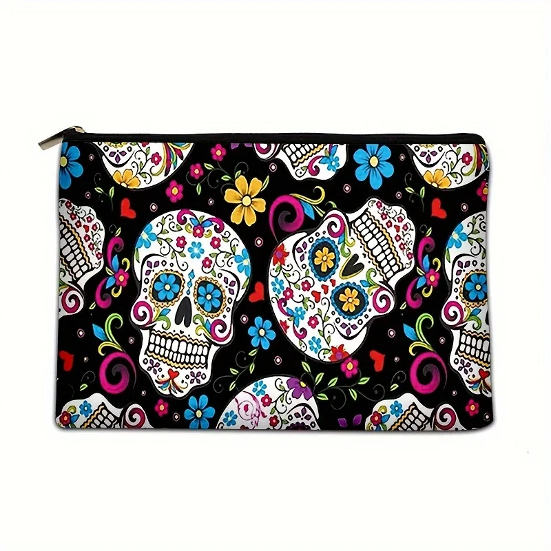 Portable Flower Skull Cosmetic Bag Linen Fabric Makeup Organizer for Travel Lightweight Fashionable Cosmetic Bag Zipper Pouch