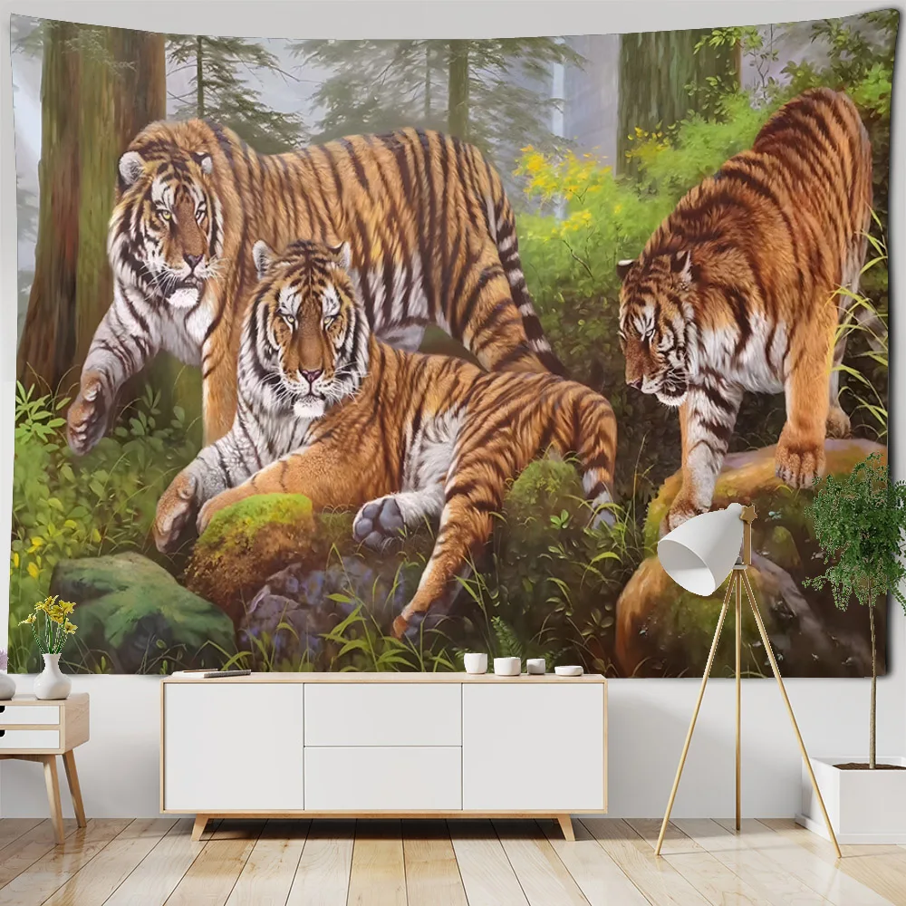 Animal oil painting tapestry, tiger lion elephant wolf, art decoration, wall hanging, hippie, home background cloth, bedroom