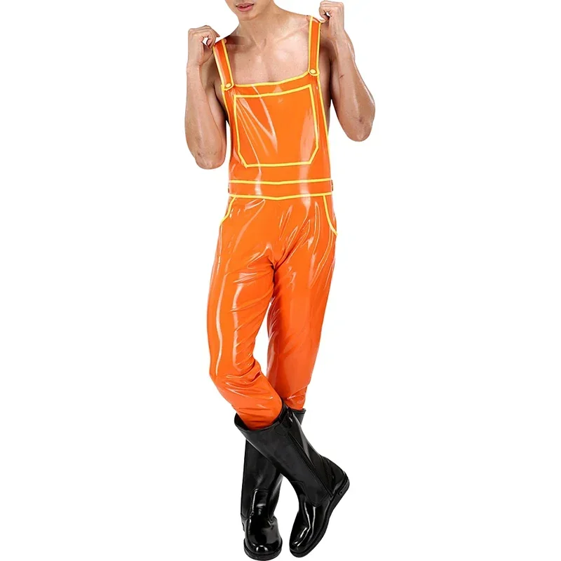 Orange And Yellow Sexy Latex Overall With Pockets Buttons Rubber Catsuit Bodysuit Zentai Body Suit