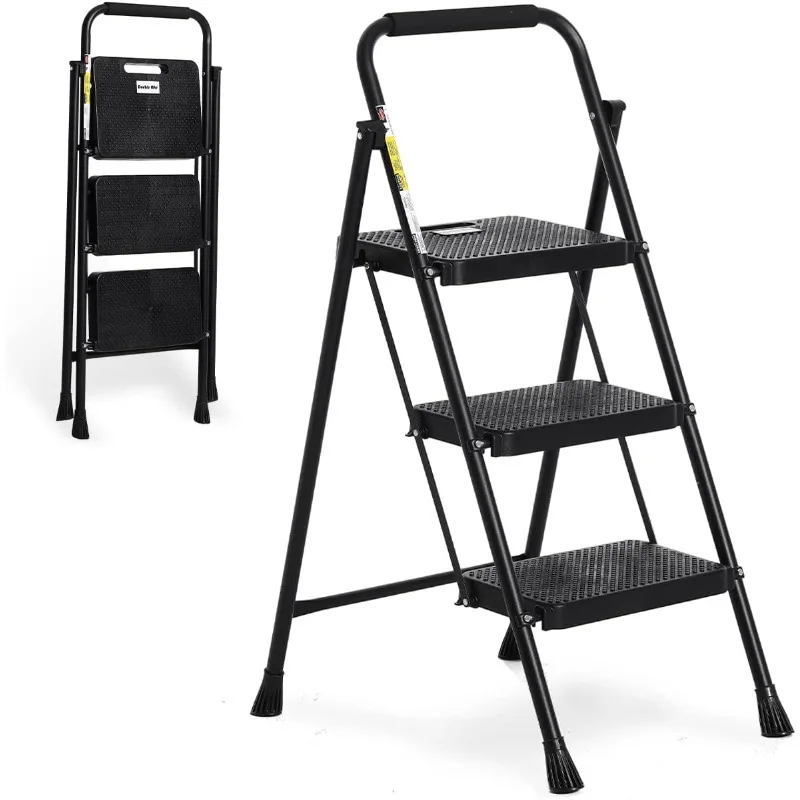 3 Step Folding with Handgrip, 500Lbs Steel Steps Stool, Folding Ladder with Anti-Slip Wide Pedals