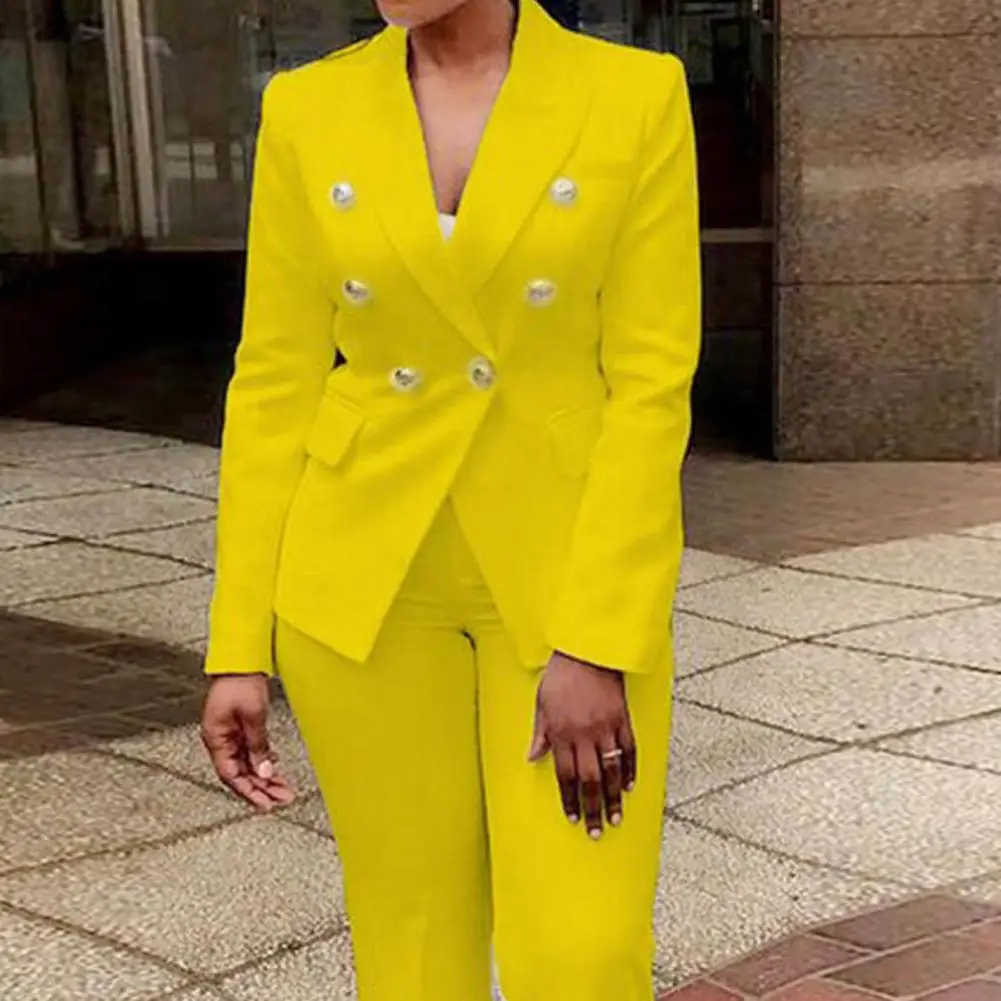 2Pcs/Set Formal Women Blazer Pants Set Office Lady Double Breasted Work Outfit Women Suit Coat Pants Set Yellow