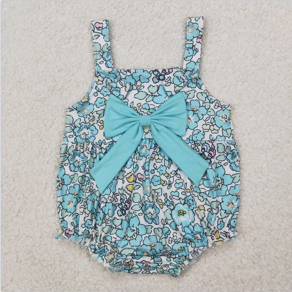 

Hot sale short sleeve girls Bubble romper boutique clothing Summer baby clothes Baby Infant Girls Blue Flowers Big Bow Rompers