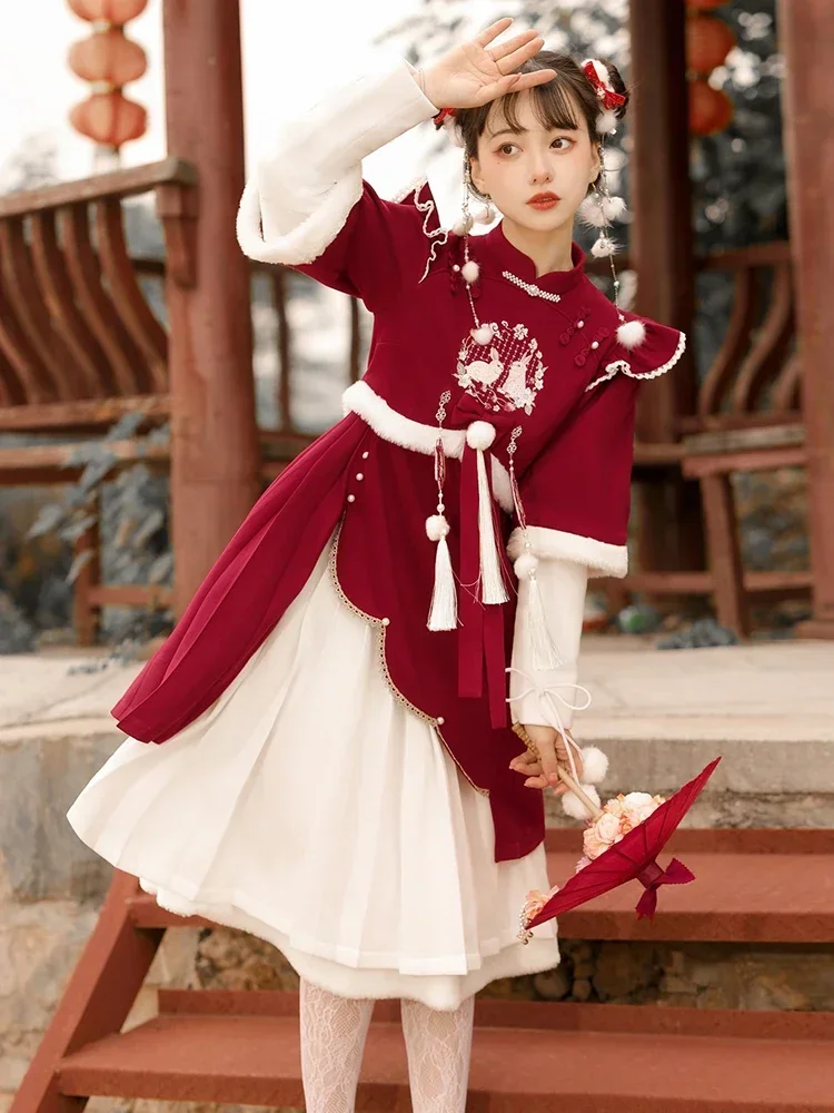 

Strawberry Rabbit Hanfu Women's Chinese Style Han dress New Year's War Robe Dress Chinese New Year's Greetings Winter Red Suit