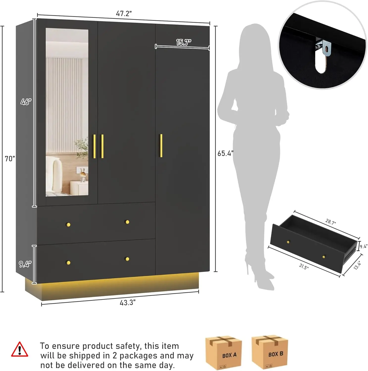 Doors Wardrobe Closet with Mirror, LED Armoire with Doors and Drawers, Wooden Armoire Storage Cabinet with Hanging Rod, Adjustab