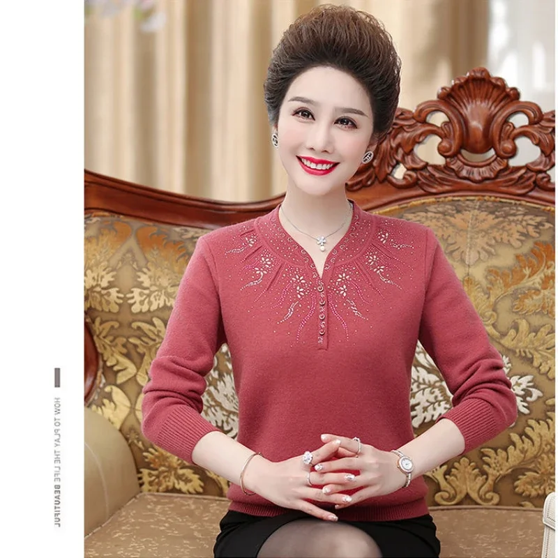 Women's Spring Autumn Sweater Diamond Keep Warm In Winter Plus Size Pullover Wool Korean Fashion Chinese Style Cheongsam Collar