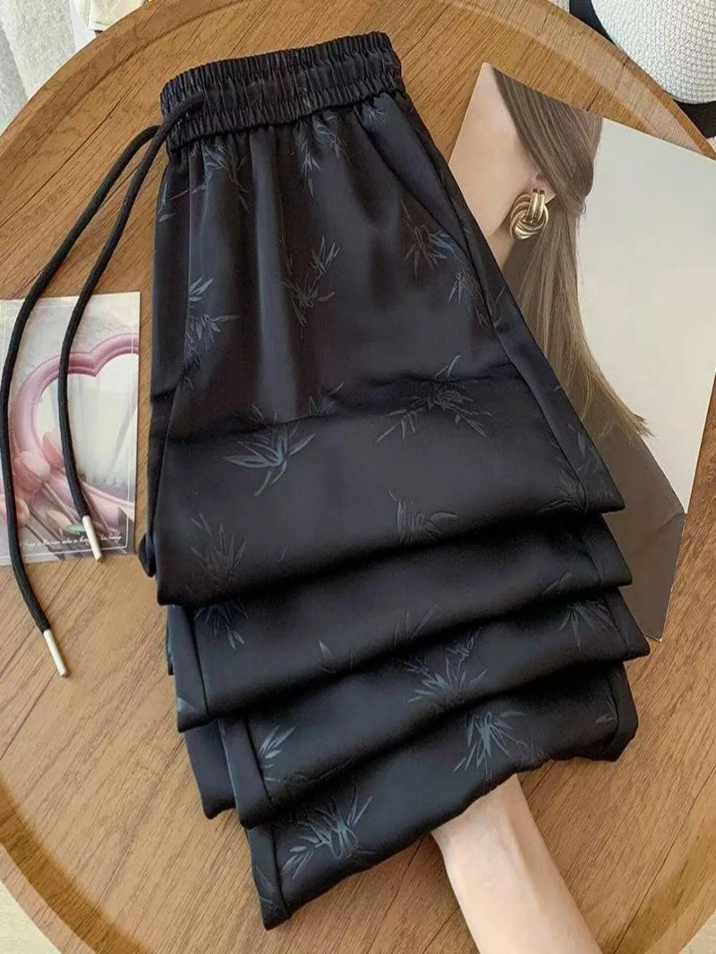 Silk Satin Embroidered Wide Leg Casual Pants Thin Tube Trousers Summer New Style Chinese National Style Women's High Waist Dr...