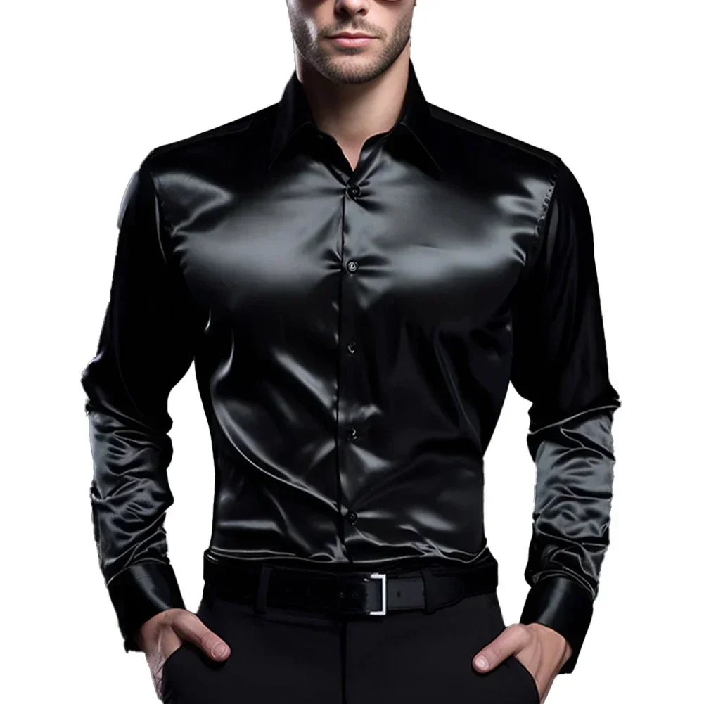 Men\'s Casual Satin Silk Shirts Button Turn-Down Collar Dress Shirt Slim Fit Party Long Sleeve Tops Clothing For Men