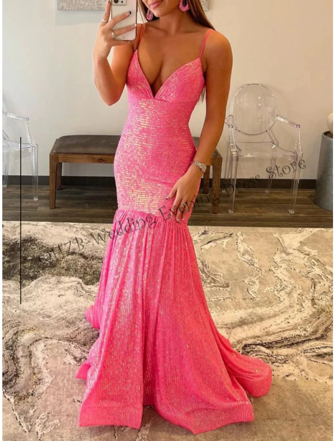 Sexy Sweep / Brush Train Sleeveless Spaghetti Strap Floor Length Sequined with Glitter Ruched Woman Formal Evening Dresses2023