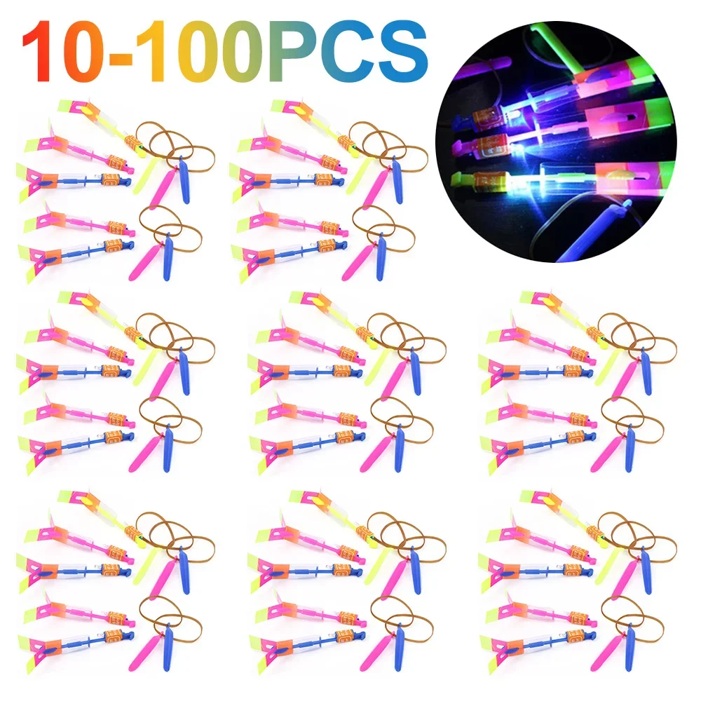 10-100pcs Outdoor Shining Rocket Flash Night Kids Luminous Slingshot Toys LED Shine Slingshot Elastic Helicopter Rotating Toy