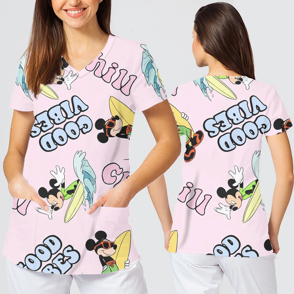 2025 Disney Cute Cartoon Character Printing Odzież damska Dekolt w szpic Krótki rękaw Letnie luźne luźne ubrania do karmienia Topy