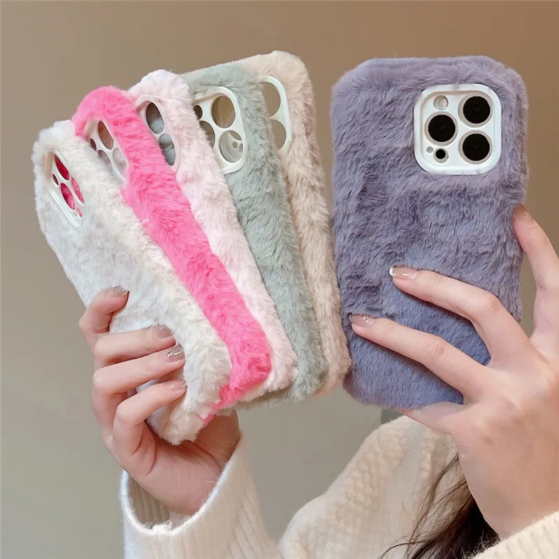 Ottwn Warm Hairy Plush Case For iPhone 14 13 12 11 Pro Max 14 Plus Pro Max Plus Soft Solid Color Shockproof Half-wrapped Cover