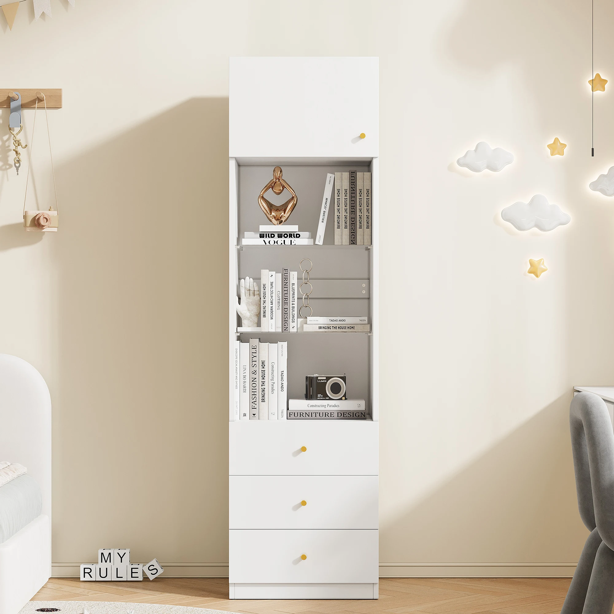 Armoire de rangement blanche avec portes en verre et tiroirs, étagères réglables, vitrine haute avec étagère ouverte, bibliothèque minimaliste pour couloir et chambre à coucher, meuble de rangement moderne pour la maison.
