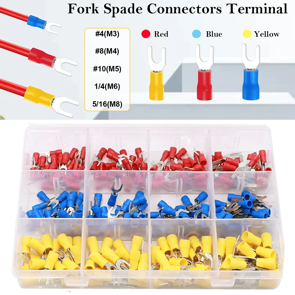 

280pcs Fork Spade Connectors 22-16/16-14/12-10AWG Wire Connectors U-Type Insulated Fork Crimp Terminal Cnnectors Assortment Kit