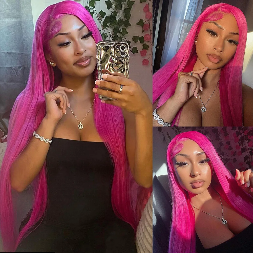 

Linhua Hair Rose Pink Color 5x5/13X6 Transparent Lace Wigs 210% Bone Straight Remy #613 Blonde 13X4 Lace Frontal Wig Preplucked