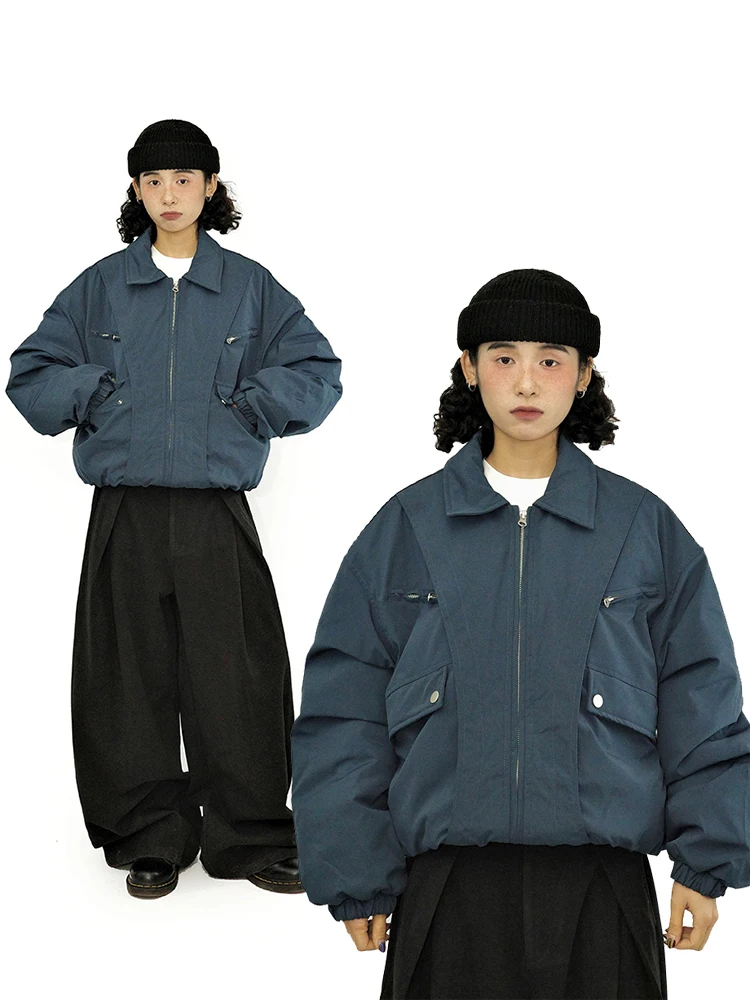 

GuluWo Winter Warm Cotton Jaet ex ort Wide Blue Cotton Clothes 3D Cutting Multiple ket Design Cotton Coat