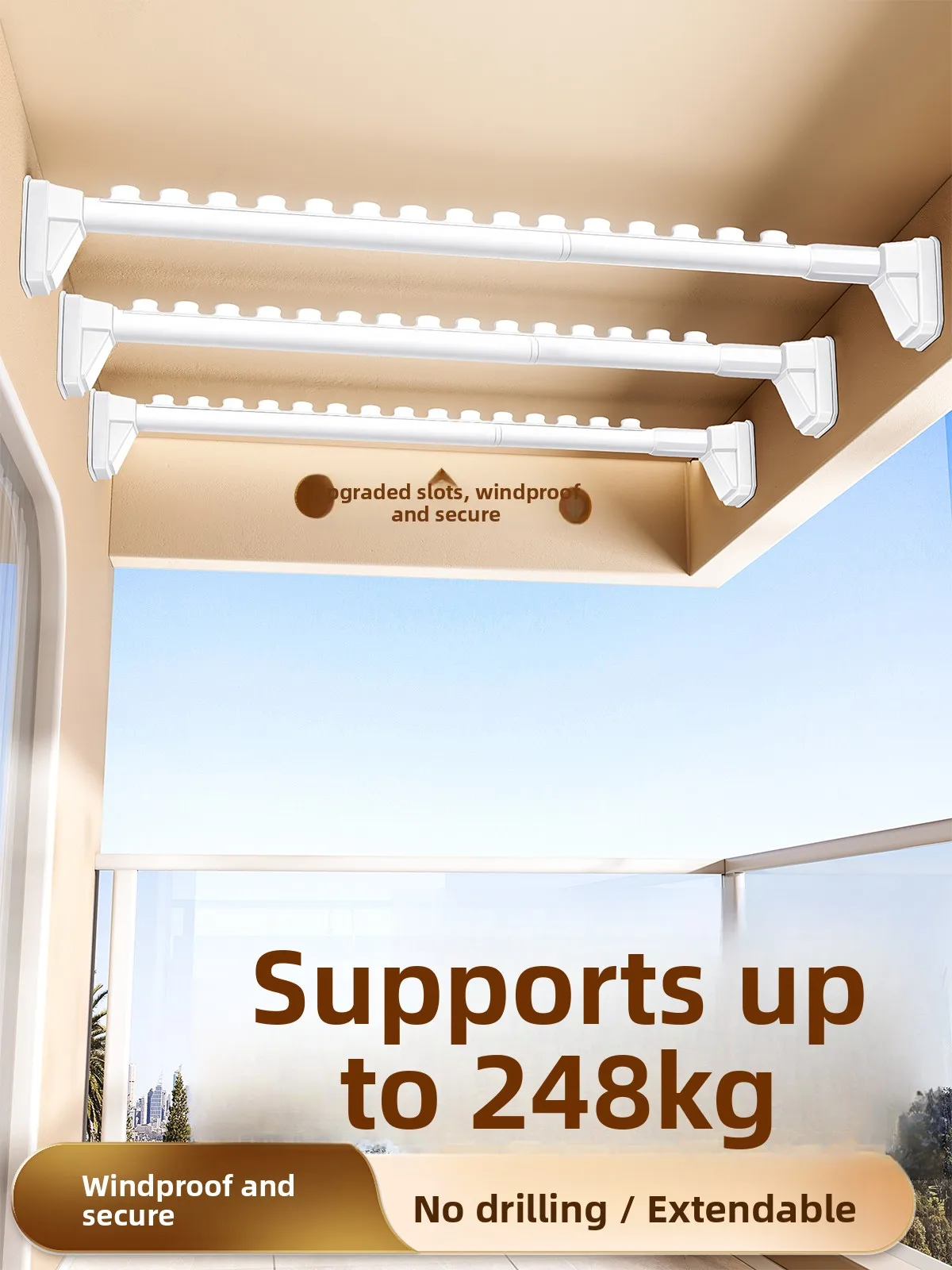 

Expandable No-Drill Clothes Drng Rod Balcony Top Mount Fixed Wall Windproof Laundry Hanger Bay Window Laundry Gaet