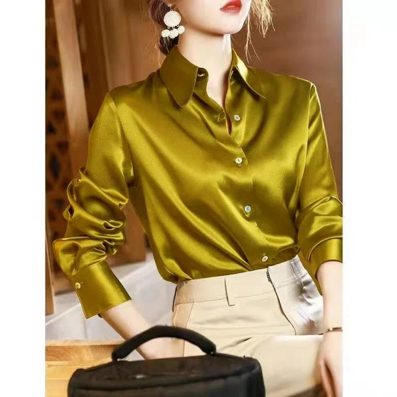 POCZCIY 2024 Autumn Fashion Women\'s Casual Elegant Satin Long Sleeved Shirt Office Women\'s Shirts And Blouses Slim Femal Clothes