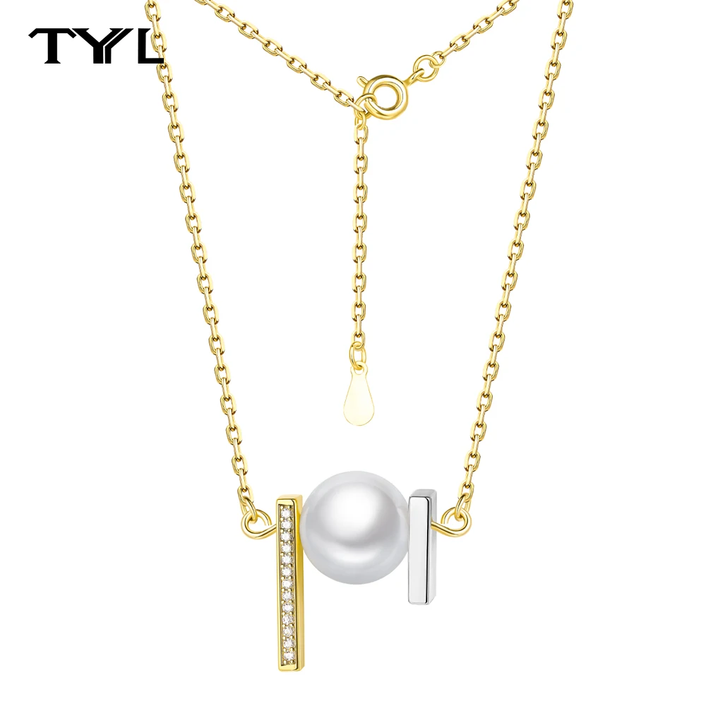 TYYL Unique Large Pearl Pendant 14K Yellow Gold Plated Brass Necklace for Women Diamond-Encrusted Luxurious Decorative Jewelry