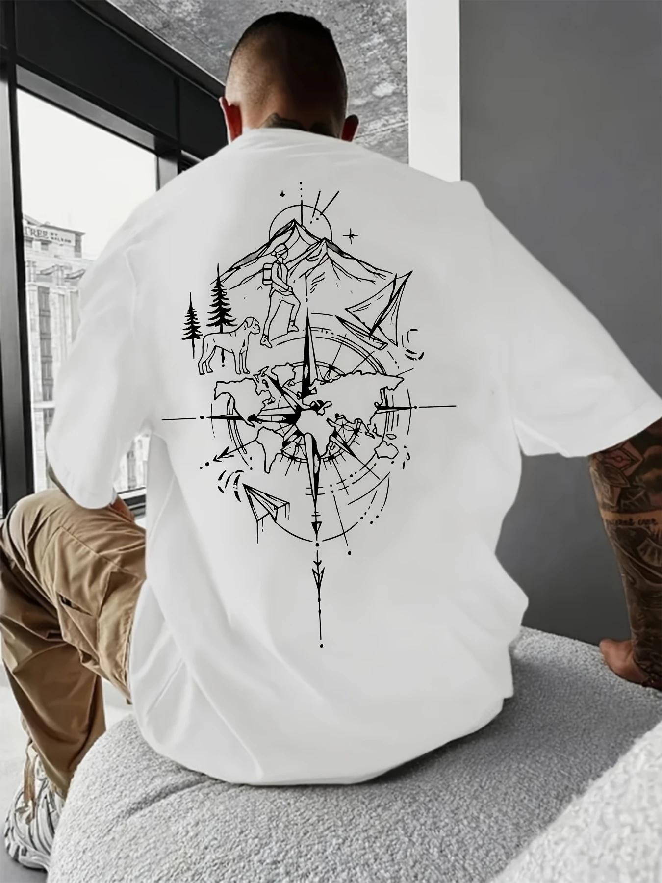 

Men's summer 100% pure cotton fashionable casual loose fit plus size compass world map printed round neck short sleeved T-shirt