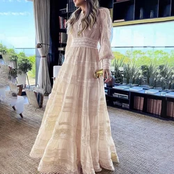 Verngo-vestido de fiesta de encaje para mujer, traje de noche con cuello redondo, mangas largas abullonadas, bordado, cintura alta, liso