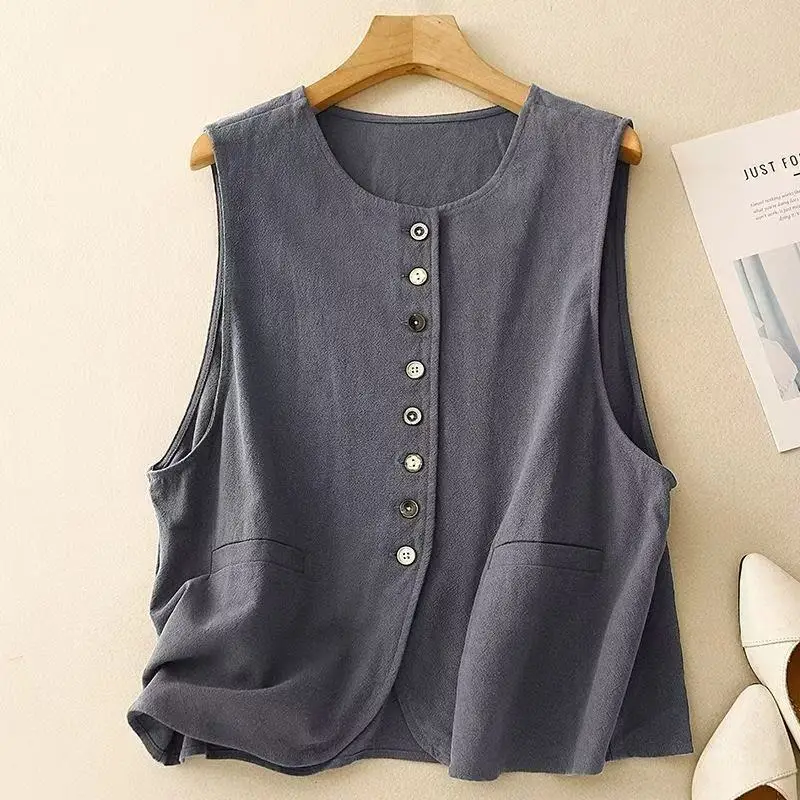 

O-neck Button-Up Sleeveless Jacket Coat 2025Women's Summer Beige Gray Cotton Linen Vest Vintage Elegant Cardigan Cover Ups Shrug
