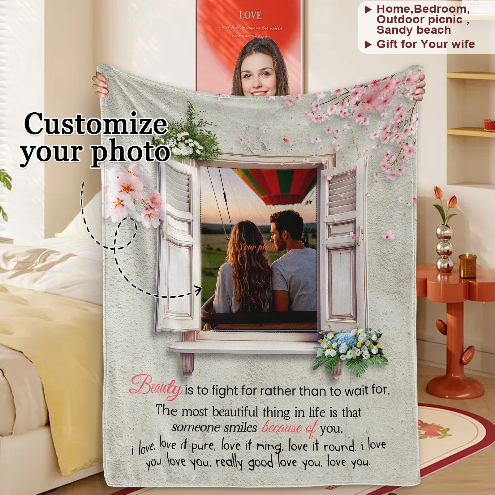 Picture Frame Blanket with Love Customized Couple Picture Blanket Window of True Love Commemorative Carpet for My Beautiful Wife