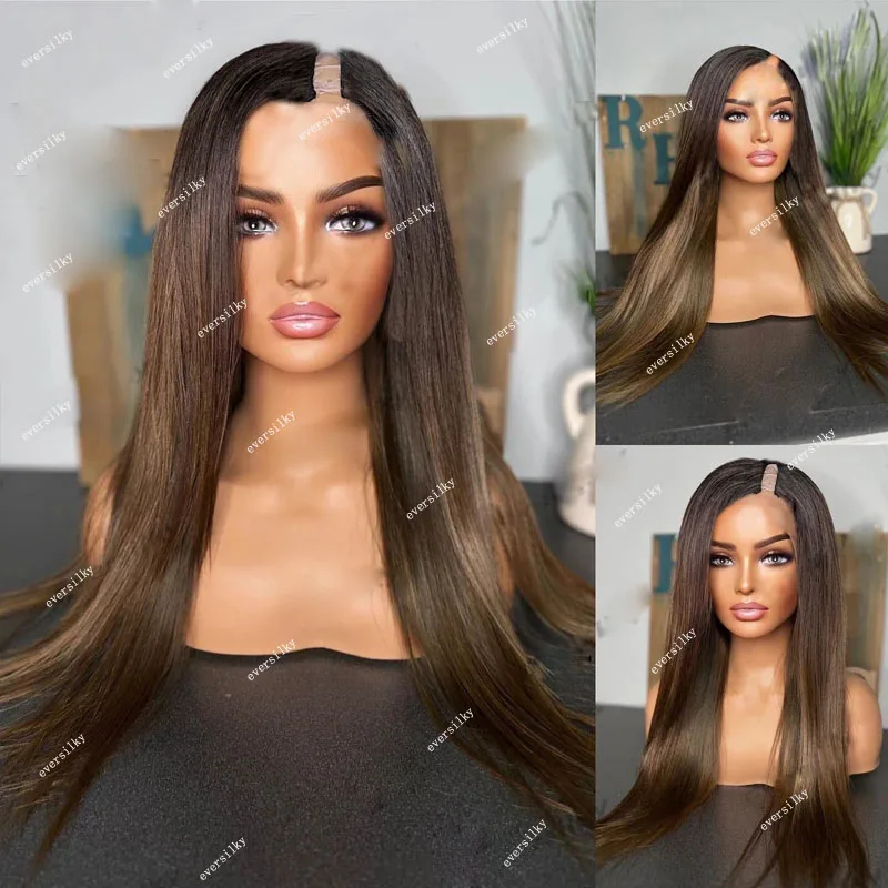 

Ombre Chocolate Brown Blonde Bone Straight U Part Wigs 100% Human Hair 250Density Chestnut V Part Half Wig Glueless Full Machine