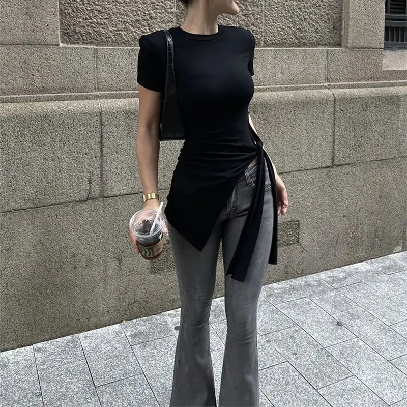 

Spring Season Women's T-irt Irregular Elastic Slit Belted Spicy Girl Slimming Bla Versatile round Ne Mid-Length Top